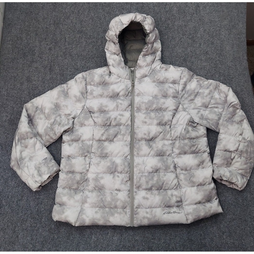 Eddie Bauer EB 650 Puffer Jacket Womens 2XL XXL Gray Tie Dye Hooded Goose Down